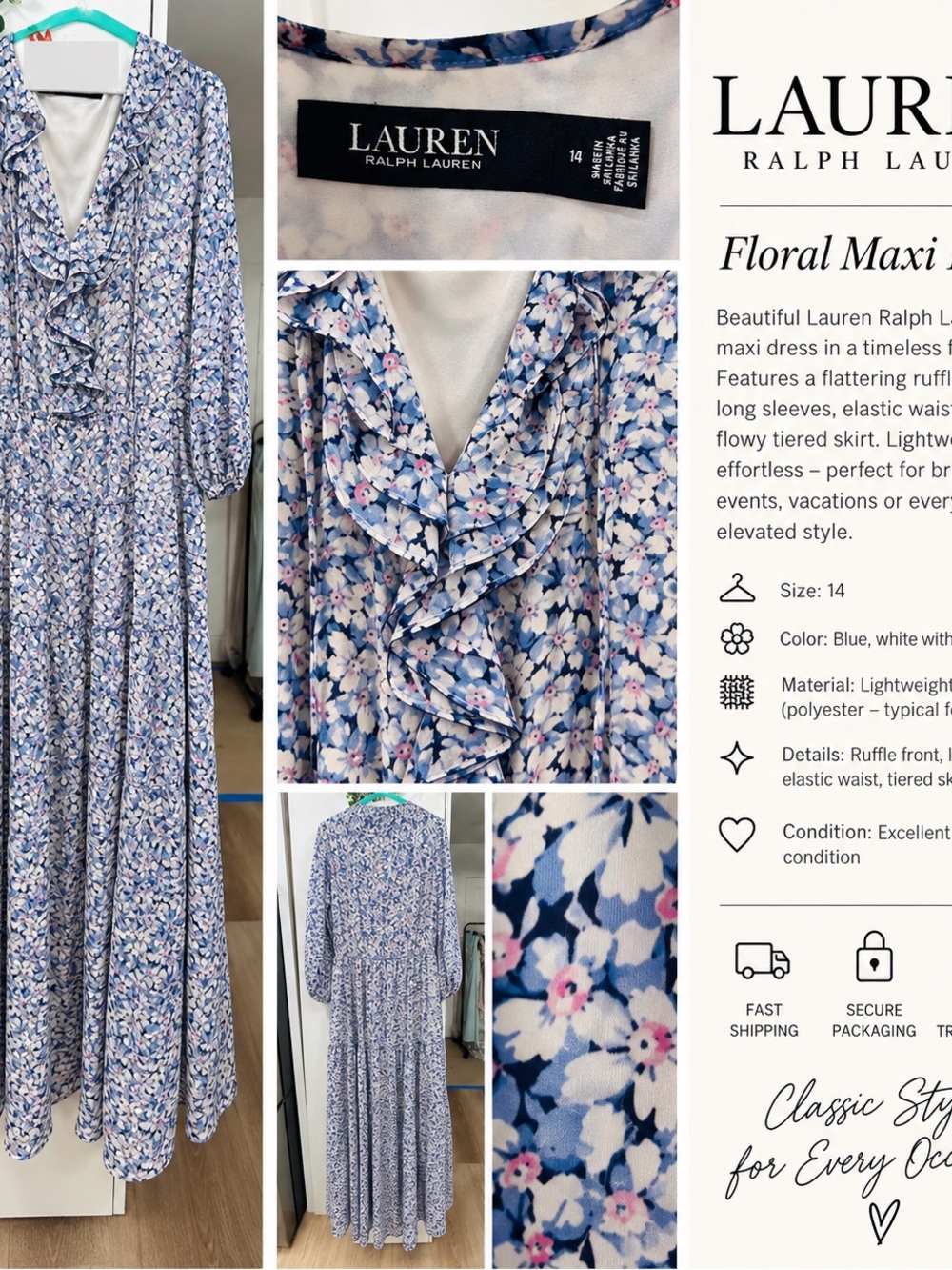 Lauren Ralph Lauren Blue Floral Maxi Dress - Ruffle Front